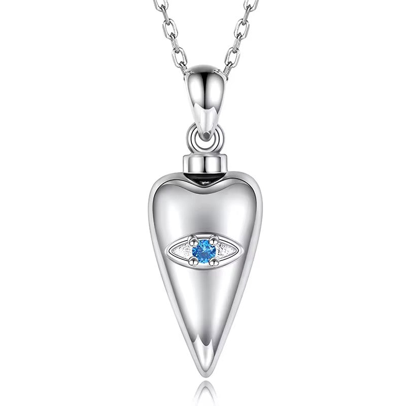 Ashes Keepsake Devil’s Eye Urn Necklace Amulet With Blue Zirconia Crystal, Stainless Steel Cremation Jewelry,