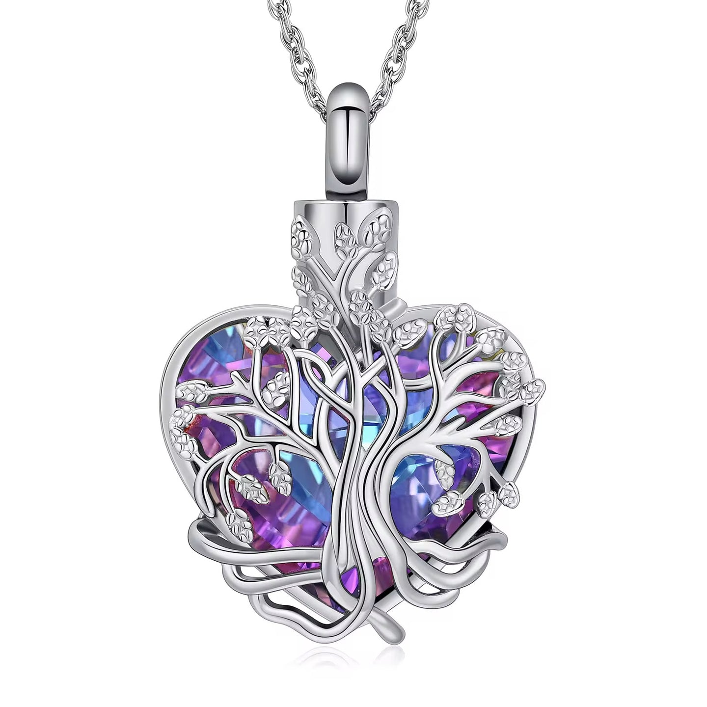 Ashes Keepsake Tree Of Life Urn Necklace With Blue or Purple Zirconia Crystal, Cremation Jewelry For Women