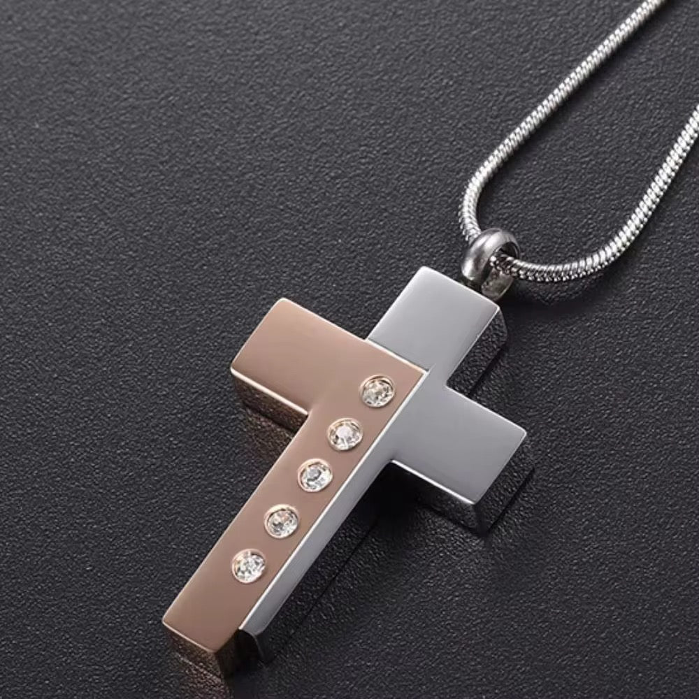 Ashes Keepsake Cross Urn Pendant With Sparkling Zirconia Crystals, Stainless Steel Cross Cremation Jewelry