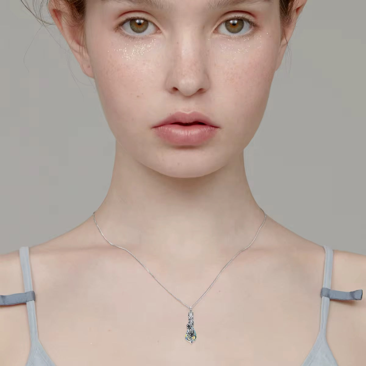 Ashes Keepsake 925 Silver Teardrop Rose Urn Necklace With Zirconia / Cremation Jewelry For Remembrance