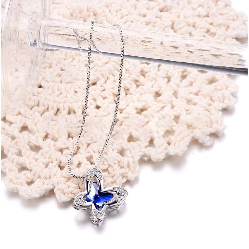 Ashes Keepsake Blue Zircon Butterfly Memorial Necklace, Cremation Jewelry For Remains