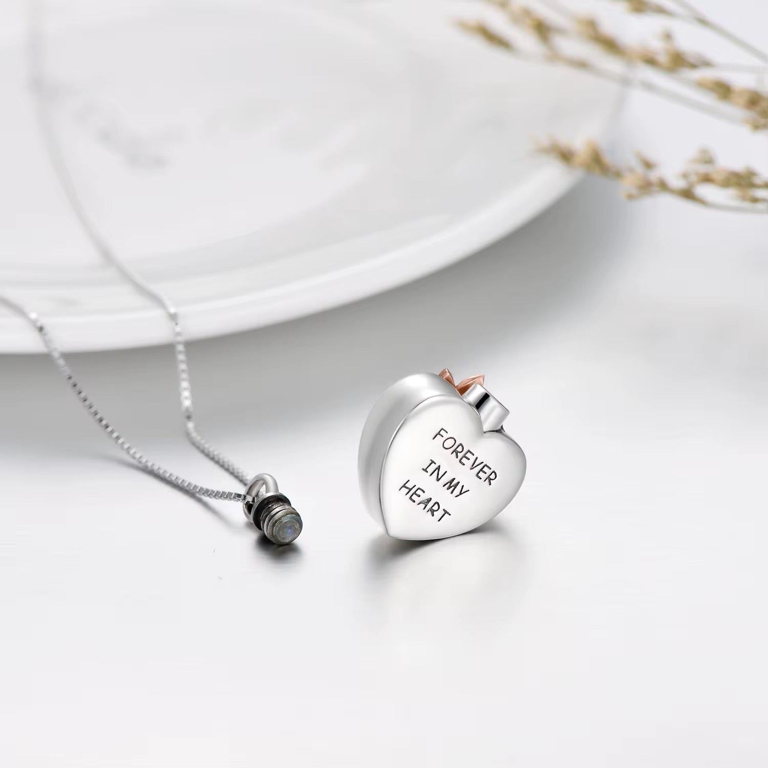 Ashes Keepsake 925 Sterling Silver Urn Necklace / Pink Zirconia, Rose Gold Flower Cremation Jewelry