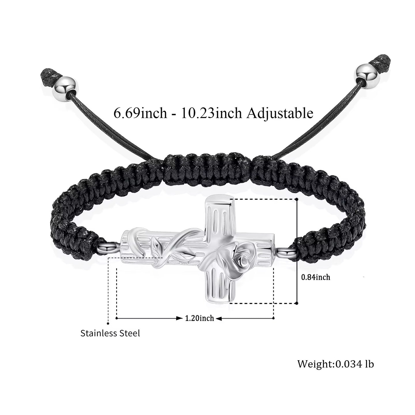 Ashes Keepsake Cross With Rose Urn Bracelet, Stainless Steel Adjustable Cremation Jewelry For Women