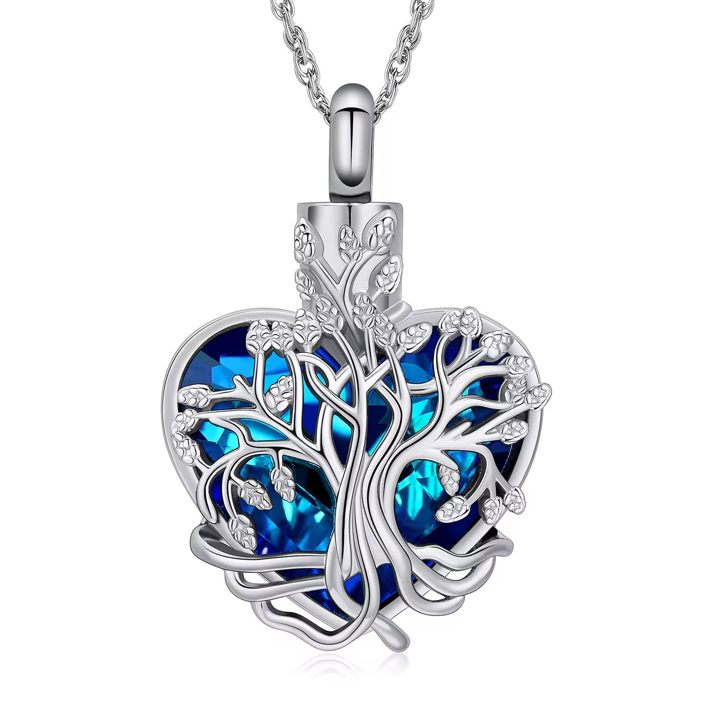 Ashes Keepsake Tree Of Life Urn Necklace With Blue or Purple Zirconia Crystal, Cremation Jewelry For Women