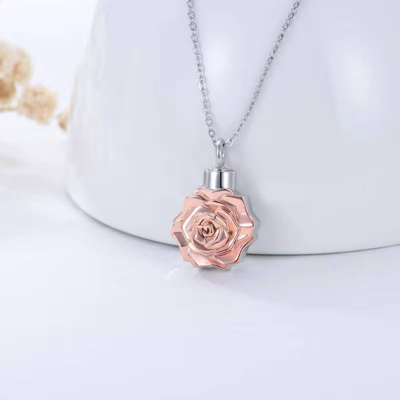 Ashes Keepsake 925 Sterling Silver Rose Gold Rose Urn Necklace For Cremation Ashes