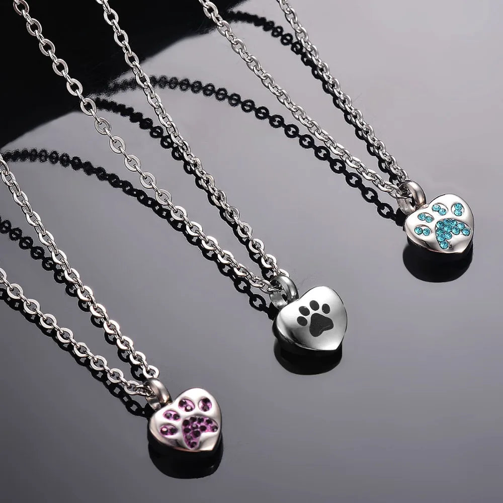 Stainless Steel Rhinestone Pet Urn Necklace Paw Print