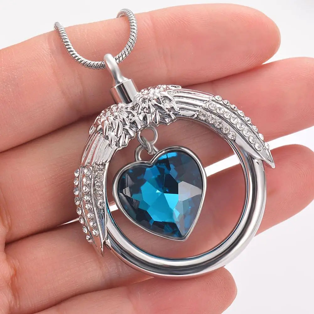 Ashes Keepsake Blue Heart Crystal Urn Necklace for Dad's Ashes "A Piece of My Heart Lives In Heaven" Cremation Jewelry