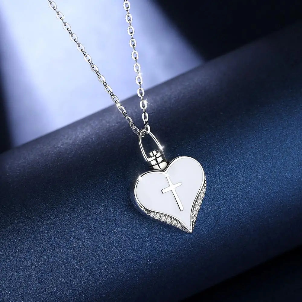 Sterling Silver Heart Cross Urn Necklace