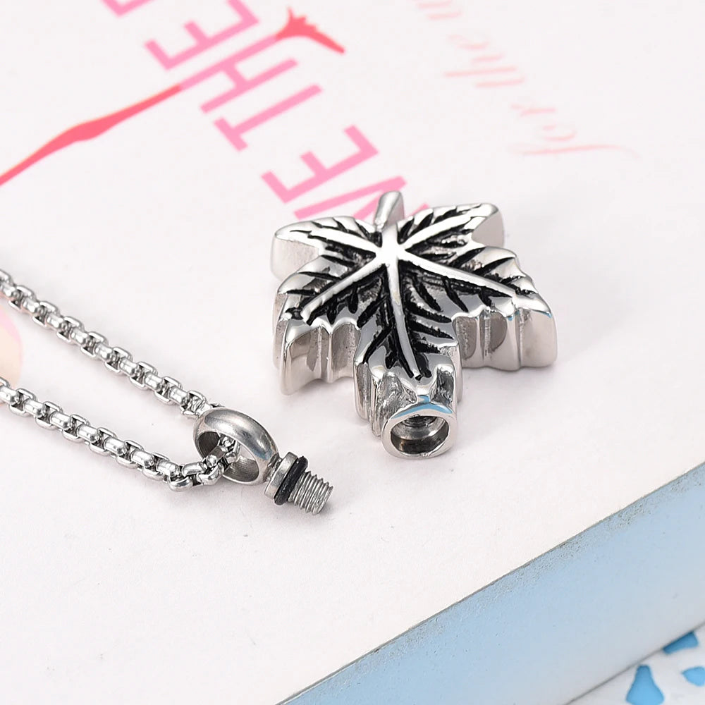 Ashes Keepsake Maple Leaf Urn Necklace, Stainless Steel Cremation Jewelry