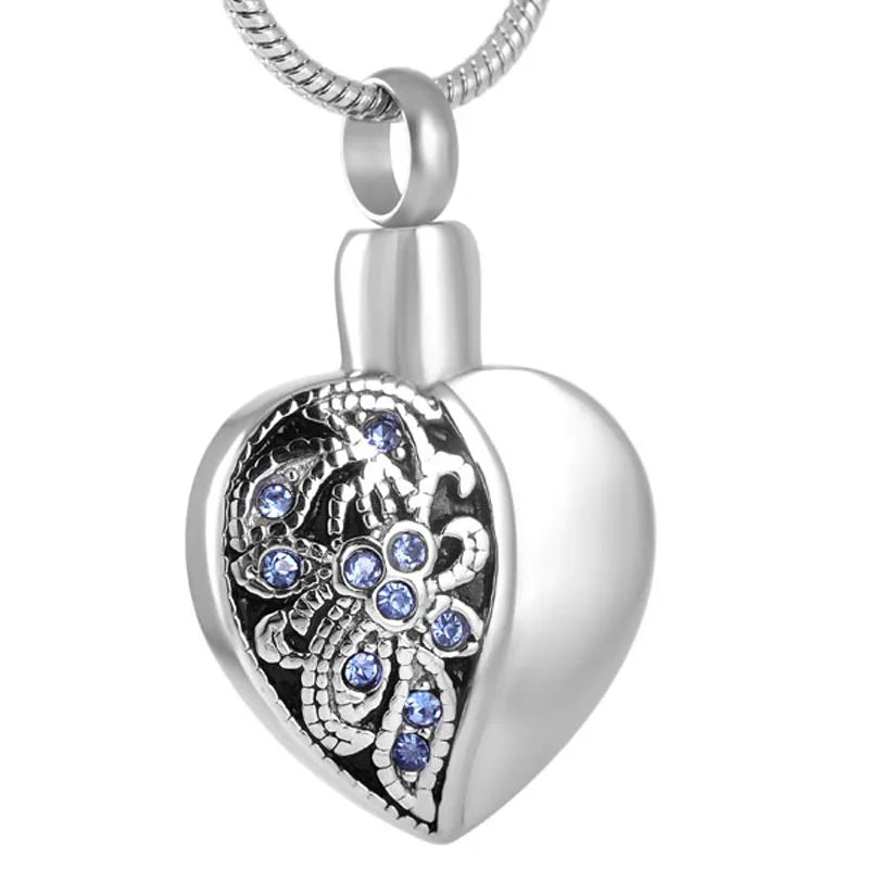 Ashes Keepsake Blue Crystal Heart Flower Stainless Steel Urn Cremation Jewelry Necklace for Ashes