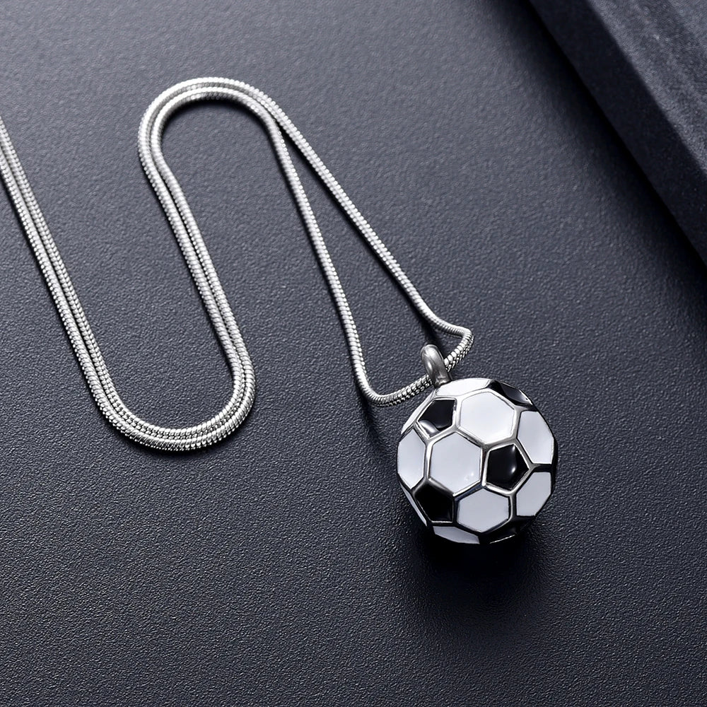 Ashes Keepsake Soccer Ball Urn Necklace, Enamel Stainless Steel Cremation Jewelry For Men