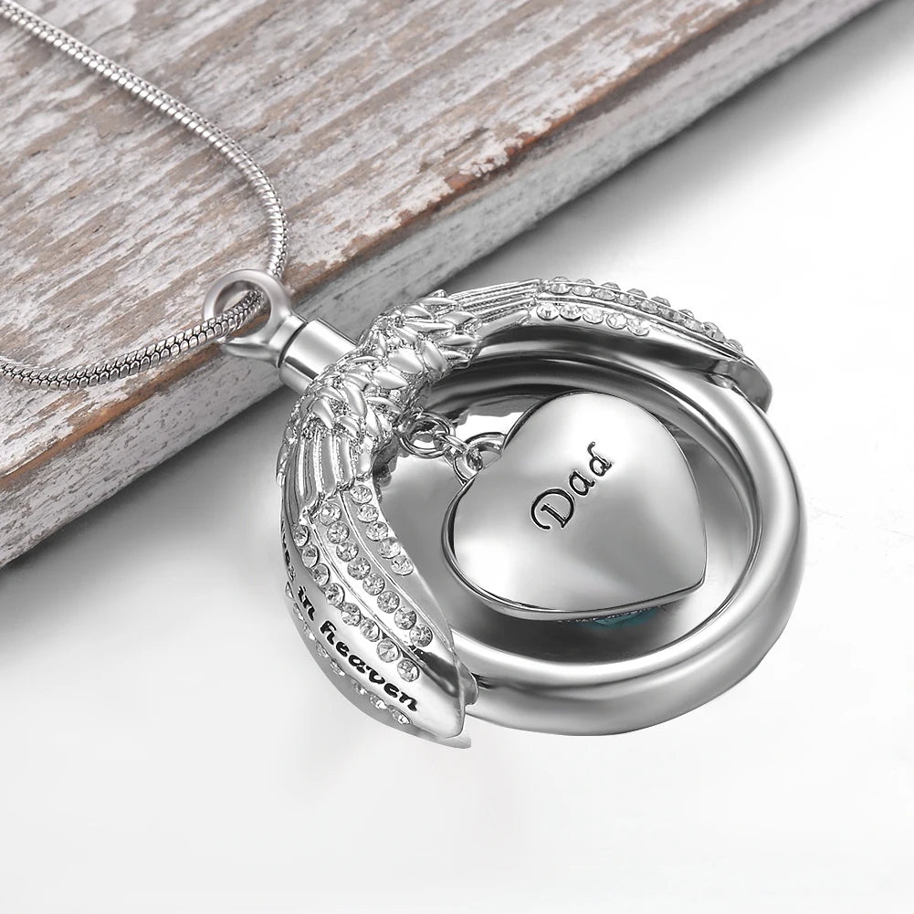 Ashes Keepsake Blue Heart Crystal Urn Necklace for Dad's Ashes "A Piece of My Heart Lives In Heaven" Cremation Jewelry