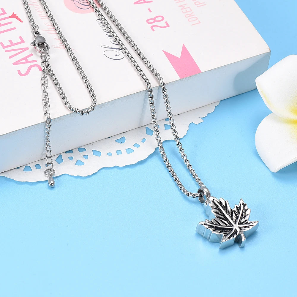Ashes Keepsake Maple Leaf Urn Necklace, Stainless Steel Cremation Jewelry