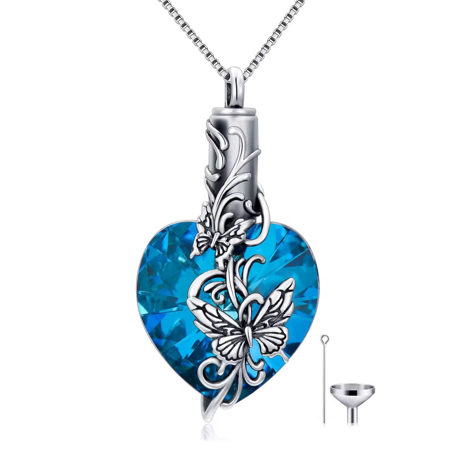 Ashes Keepsake 925 Sterling Silver Urn Necklace Crystal Heart With Butterfly