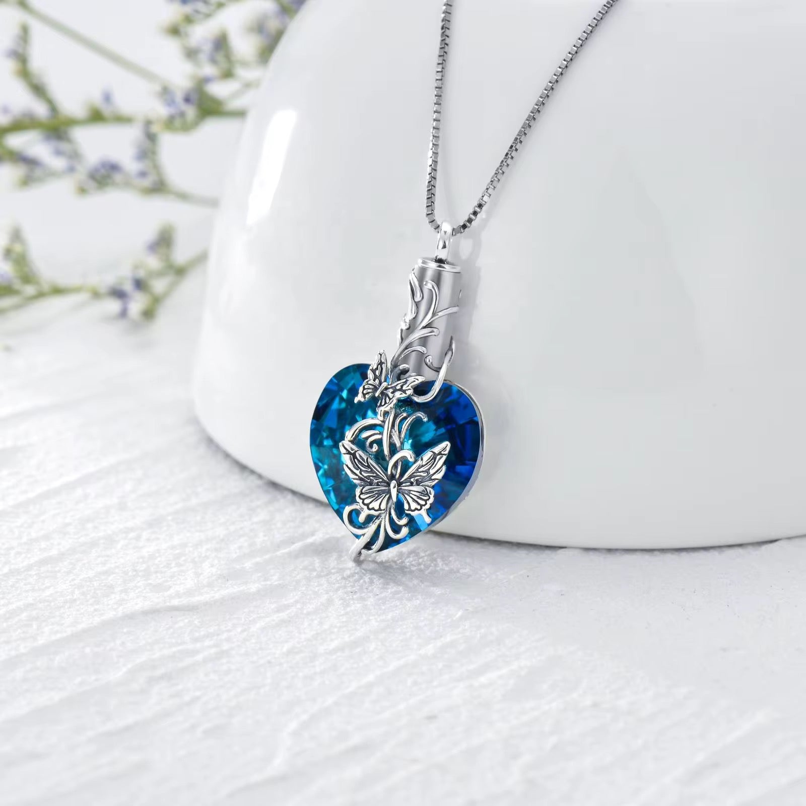 Ashes Keepsake 925 Sterling Silver Urn Necklace Crystal Heart With Butterfly