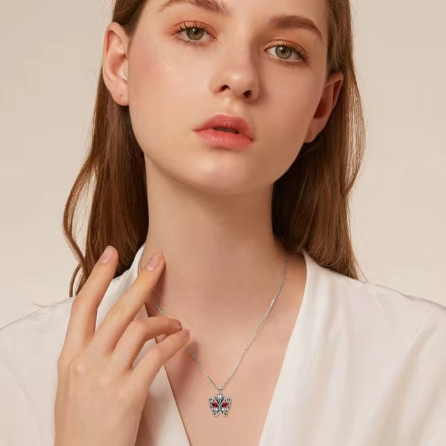 Ashes Keepsake 925 Sterling Silver Red Zircon Butterfly Urn Necklace / Cremation Jewelry