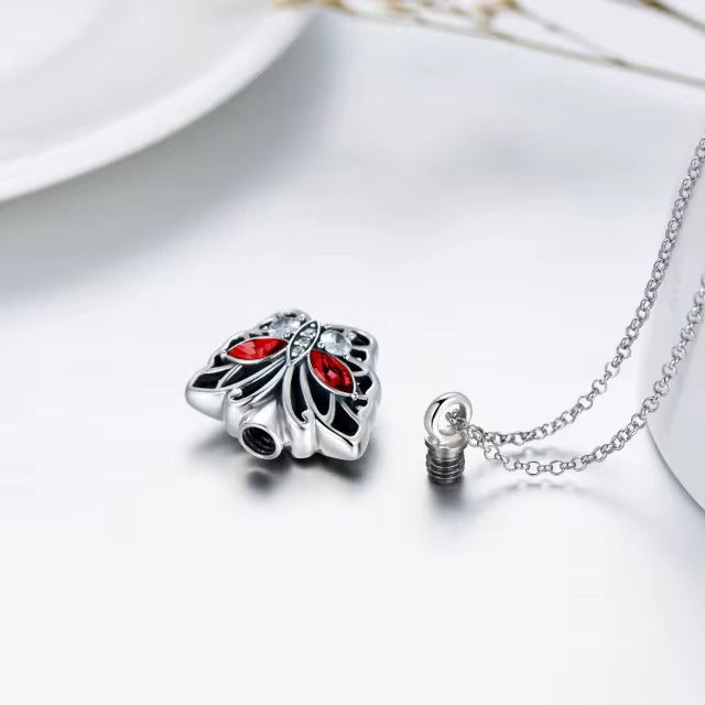 Ashes Keepsake 925 Sterling Silver Red Zircon Butterfly Urn Necklace / Cremation Jewelry