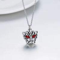 Ashes Keepsake 925 Sterling Silver Red Zircon Butterfly Urn Necklace / Cremation Jewelry