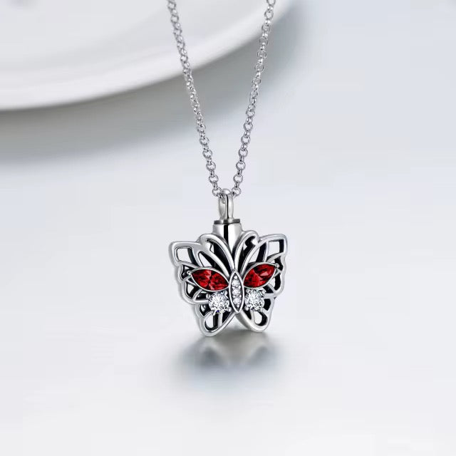 Ashes Keepsake 925 Sterling Silver Red Zircon Butterfly Urn Necklace / Cremation Jewelry