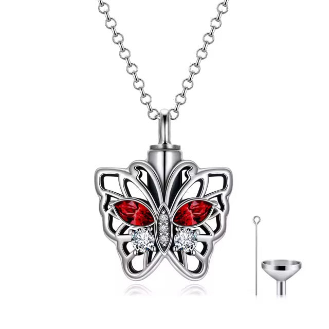 Ashes Keepsake 925 Sterling Silver Red Zircon Butterfly Urn Necklace / Cremation Jewelry