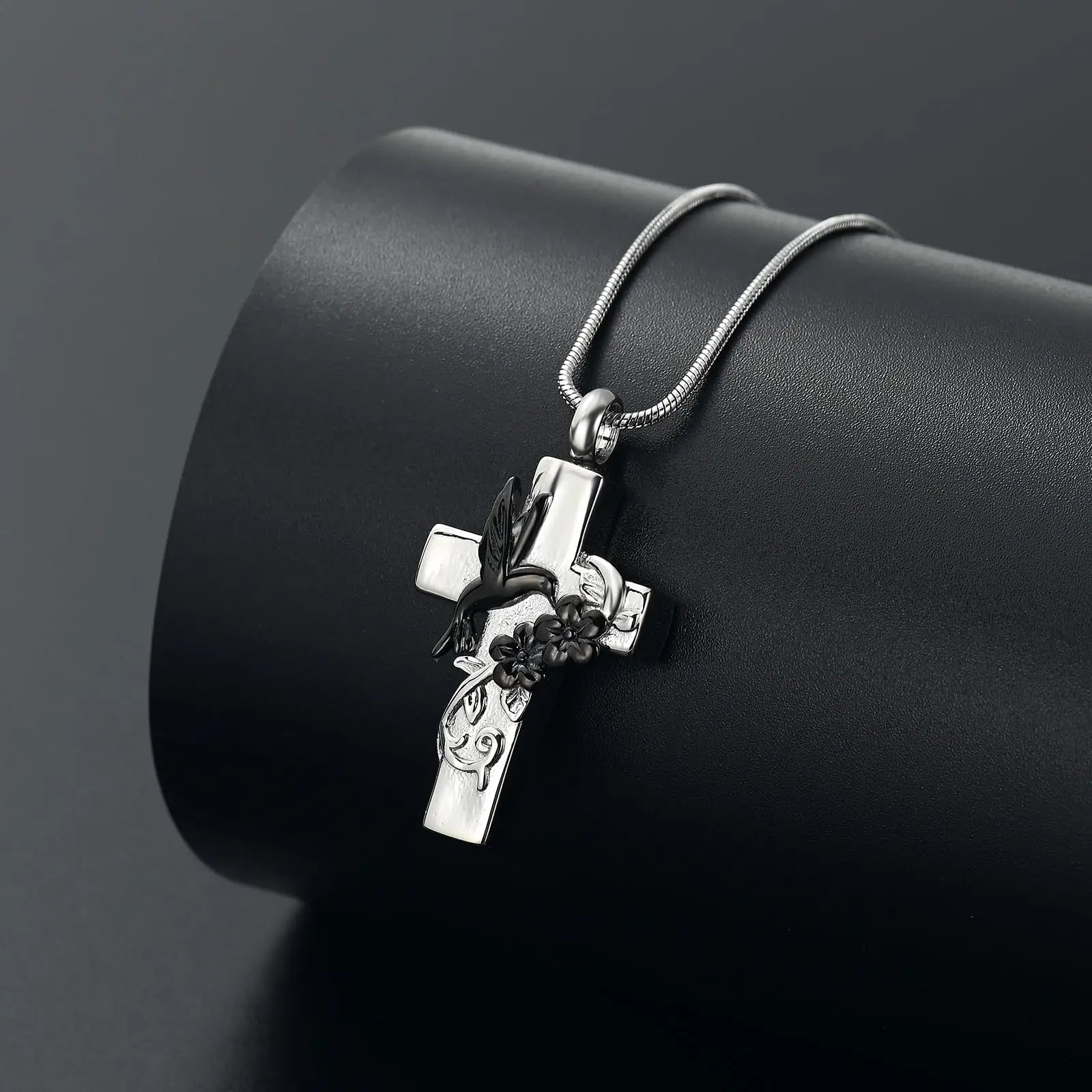 Cross Necklace For Ashes With Hummingbird