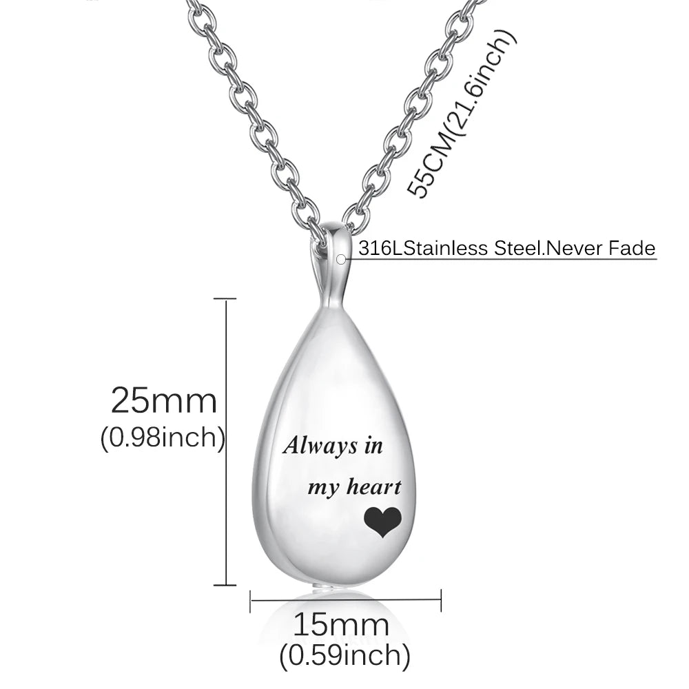 Always In My Heart Teardrop Ashes Urn Necklace Stainless Steel