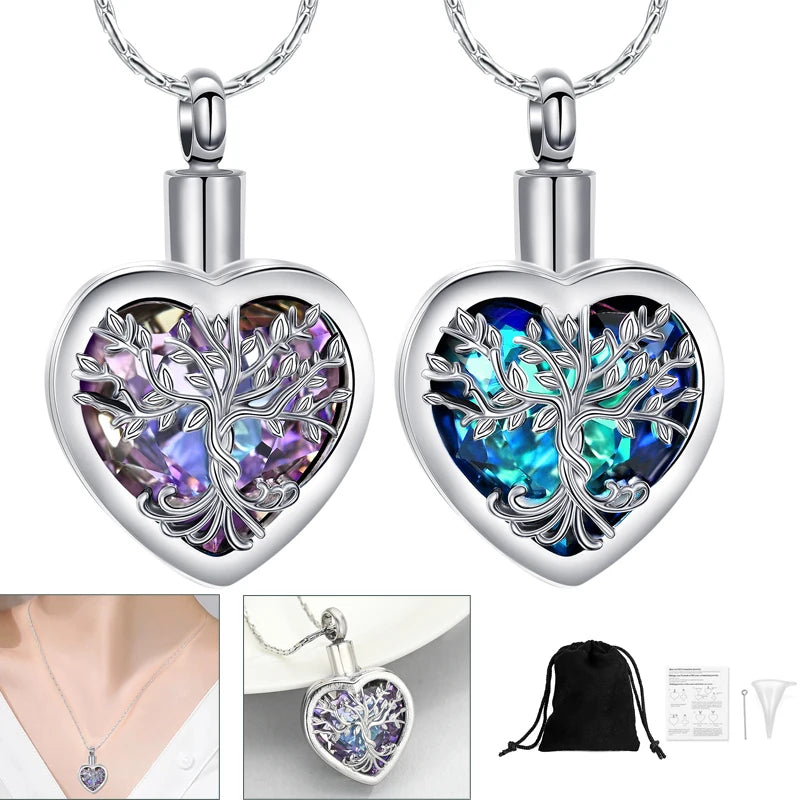 Crystal Tree of Life Heart Cremation Urn Necklace For Ashes