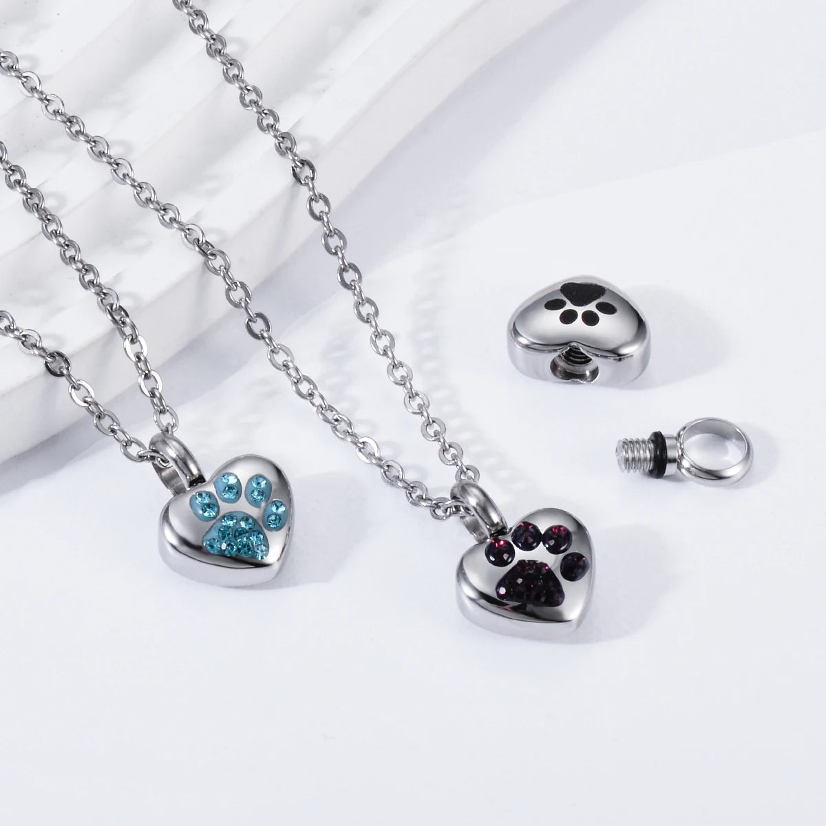 Stainless Steel Rhinestone Pet Urn Necklace Paw Print