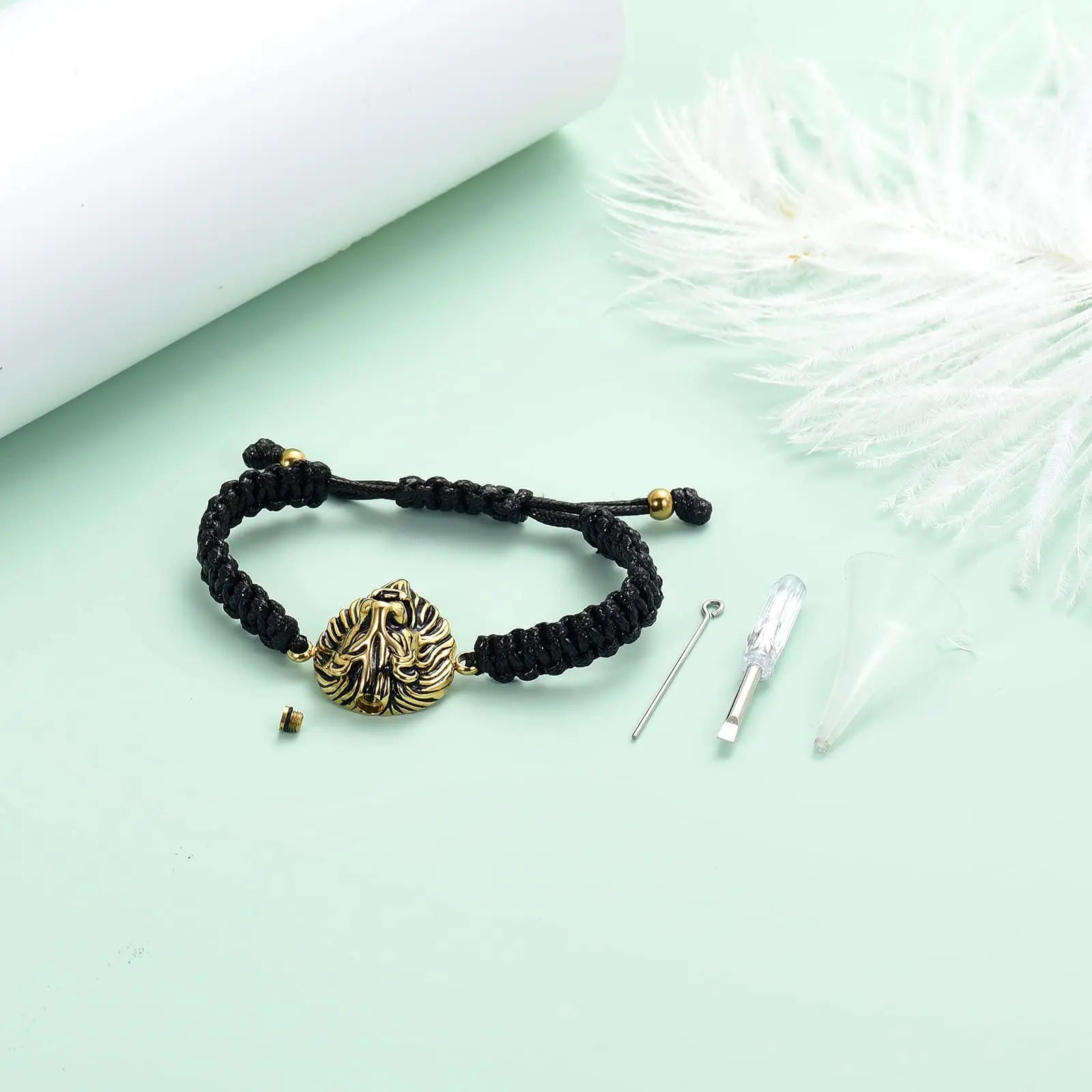 Ashes Keepsake Lion Head Cremation Urn Bracelet for Ashes Braided Rope Men's Cremation Jewelry