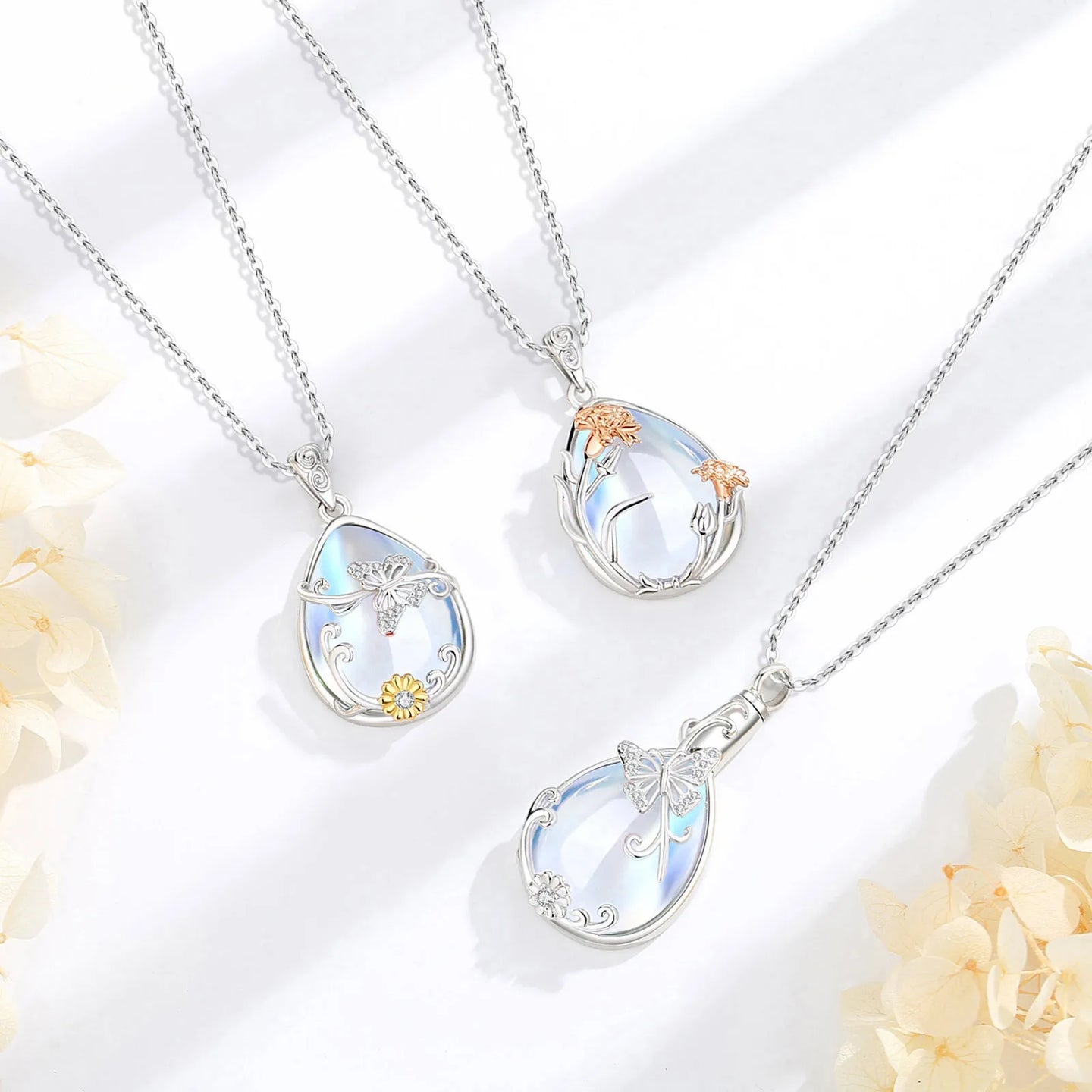 Sterling Silver Moon Stone Flower Urn Pendant for Women