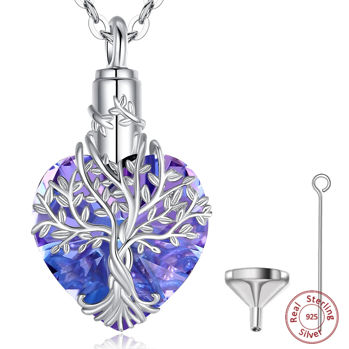 925 Sterling Silver Tree of Life Ashes Urn Pendant Necklace With Purple Austrian Crystal