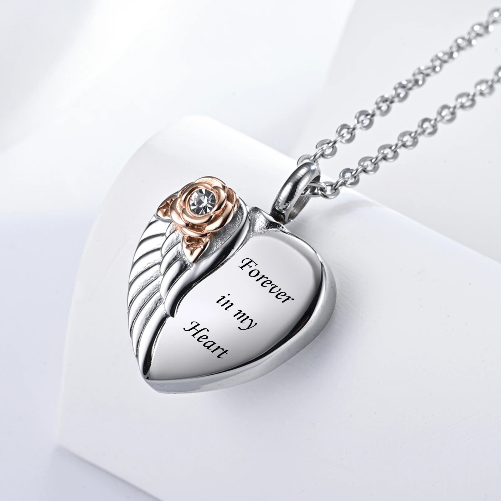 Cremation Jewelry Angel Wing With Rose Heart