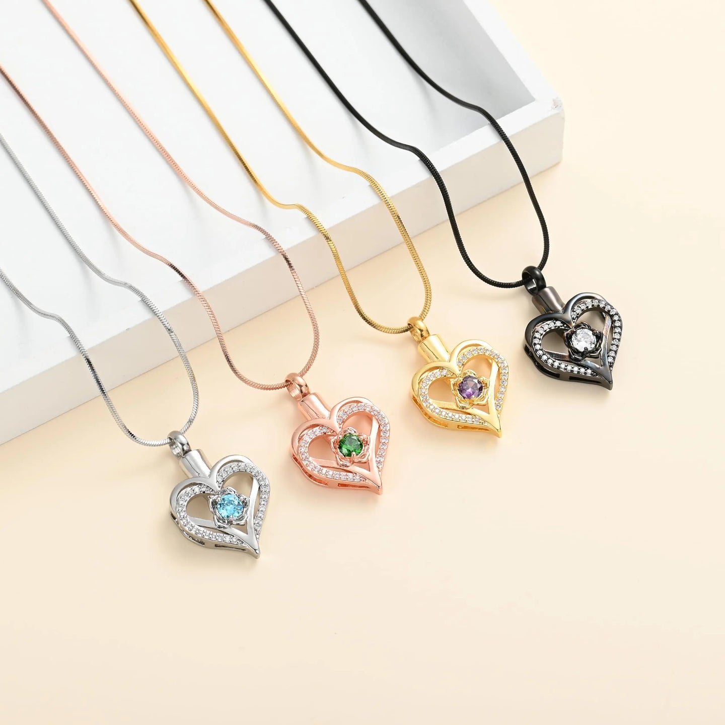 Ashes Keepsake Birthstone Floral Heart Urn Necklace  With CZ Crystal Stainless Steel Cremation Jewelry