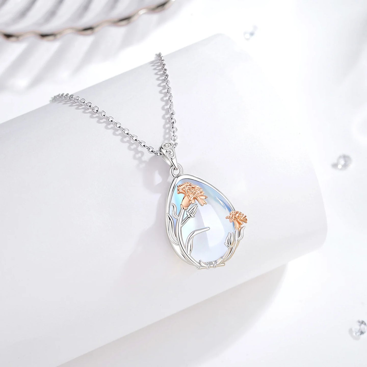 Sterling Silver Moon Stone Flower Urn Pendant for Women