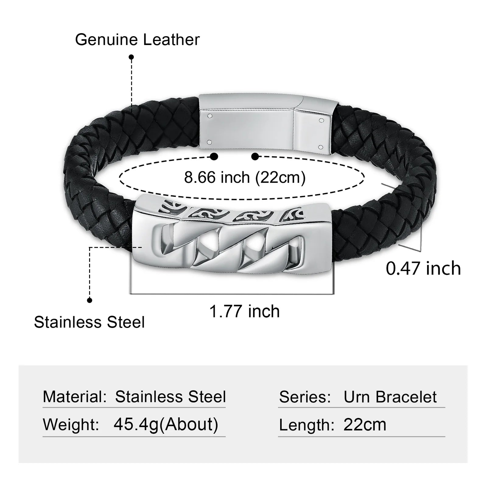 Ashes Keepsake Leather Cuban Link Bracelet for Ashes, Men's Stainless Cremation Jewelry