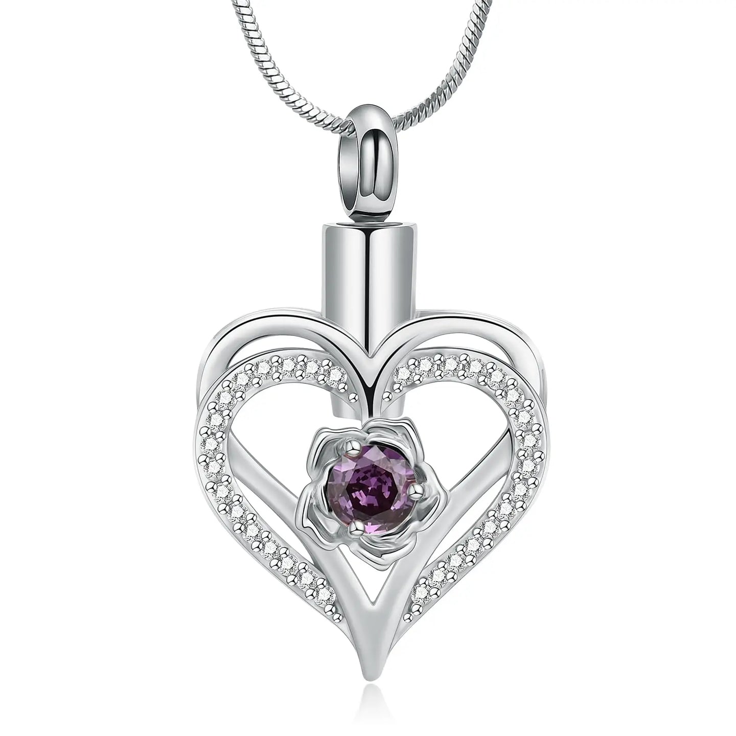 Ashes Keepsake Birthstone Floral Heart Urn Necklace  With CZ Crystal Stainless Steel Cremation Jewelry