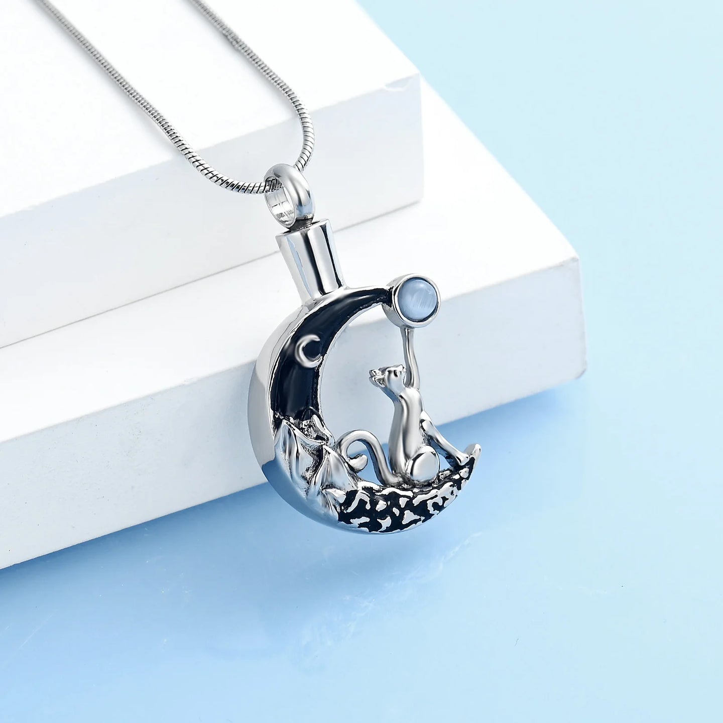 Cat In a Moon Cremation Necklace For Ashes