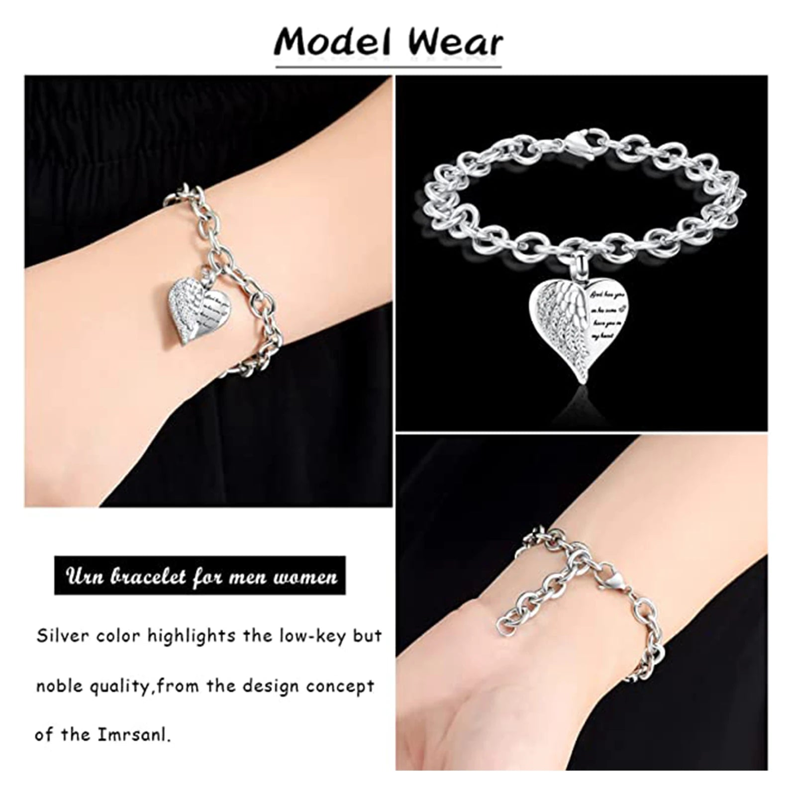 Heart Charm Urn Bracelet for Ashes Stainless Steel Cremation Jewelry