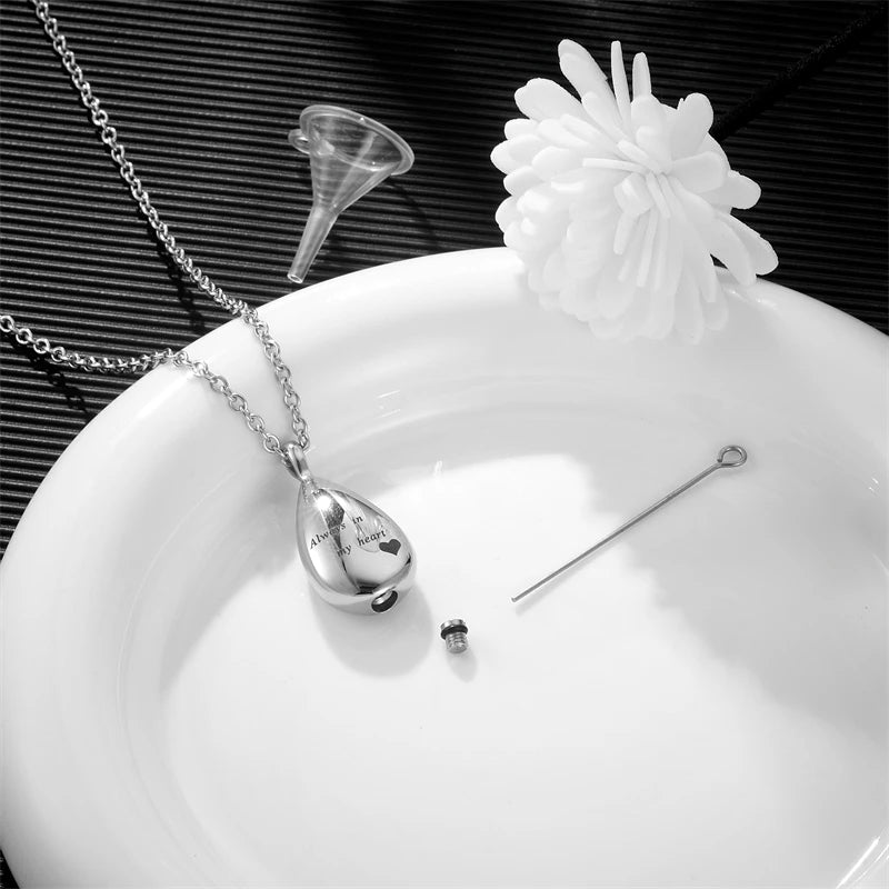 Always In My Heart Teardrop Ashes Urn Necklace Stainless Steel