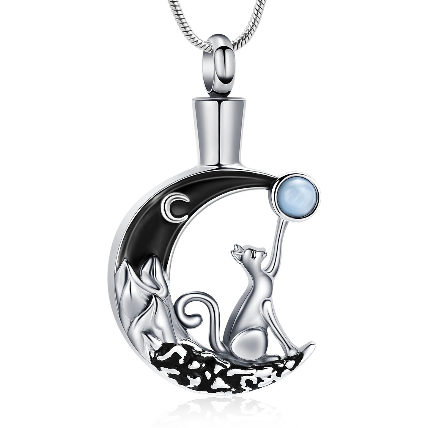 Cat In a Moon Cremation Necklace For Ashes