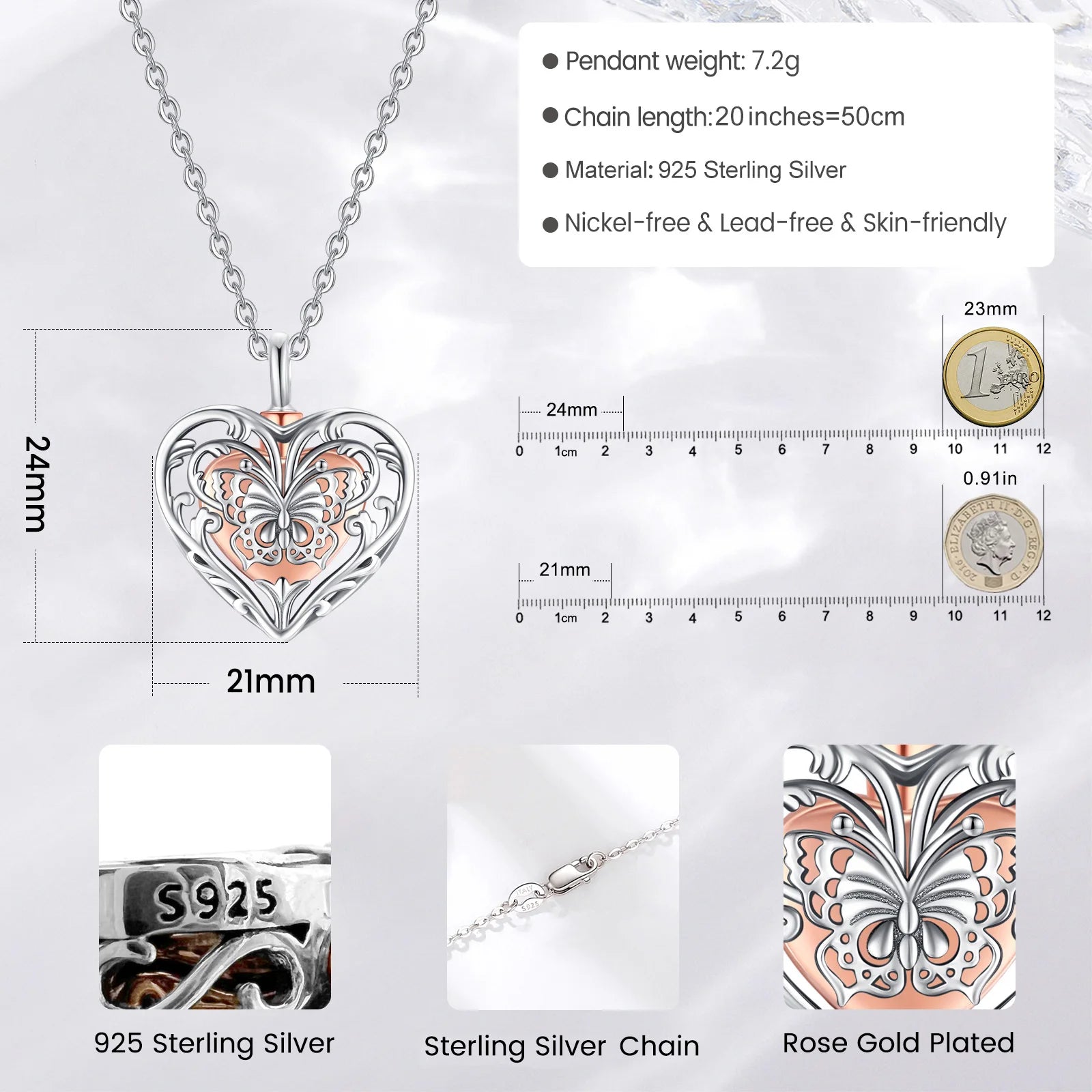 Sterling Silver Rose Butterfly Ashes Locket Urn Necklace