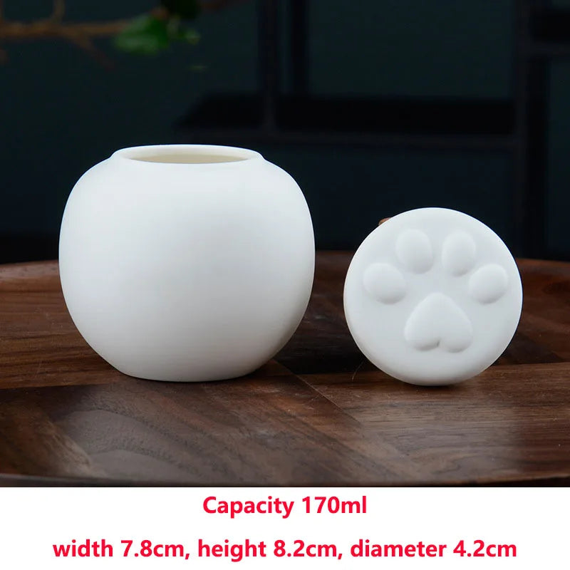 White Ceramic Paw Cat or Dog Ashes Urn