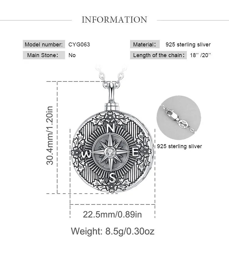 Sterling Silver Compass Ashes Urn Pendant