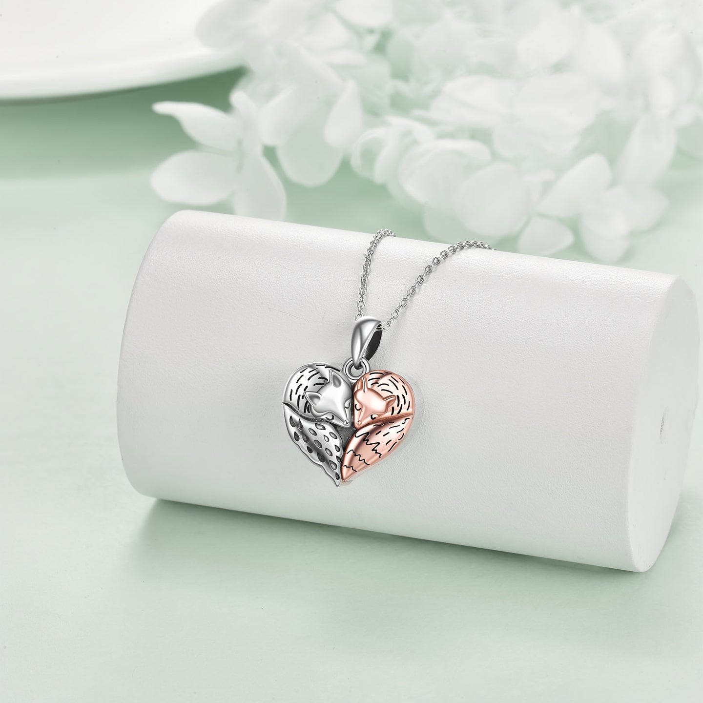 Ashes Keepsake Sterling Silver Two Foxes In a Heart Cremation Necklace For Ashes Cremation Jewelry