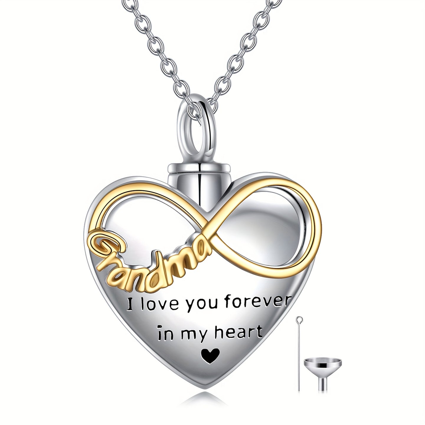 Ashes Keepsake. 925 Sterling Silver Infinity Grandma Heart Urn Necklace for Ashes