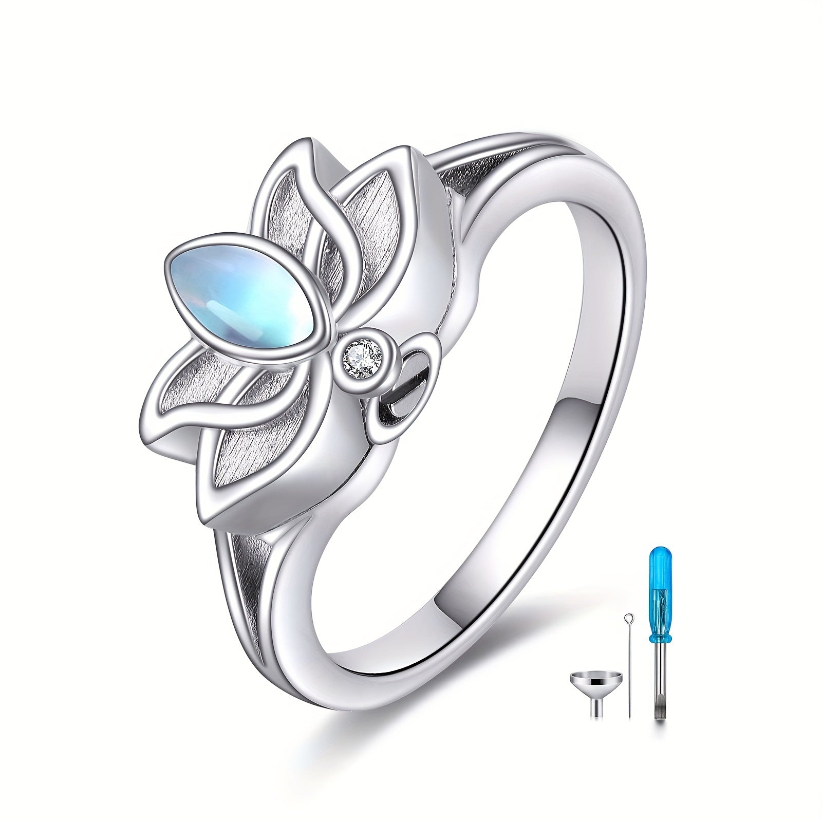 Ashes Keepsake 925 Sterling Silver Lotus Urn Ring For Ashes Moonstone Flower Cremation Jewelry For Women